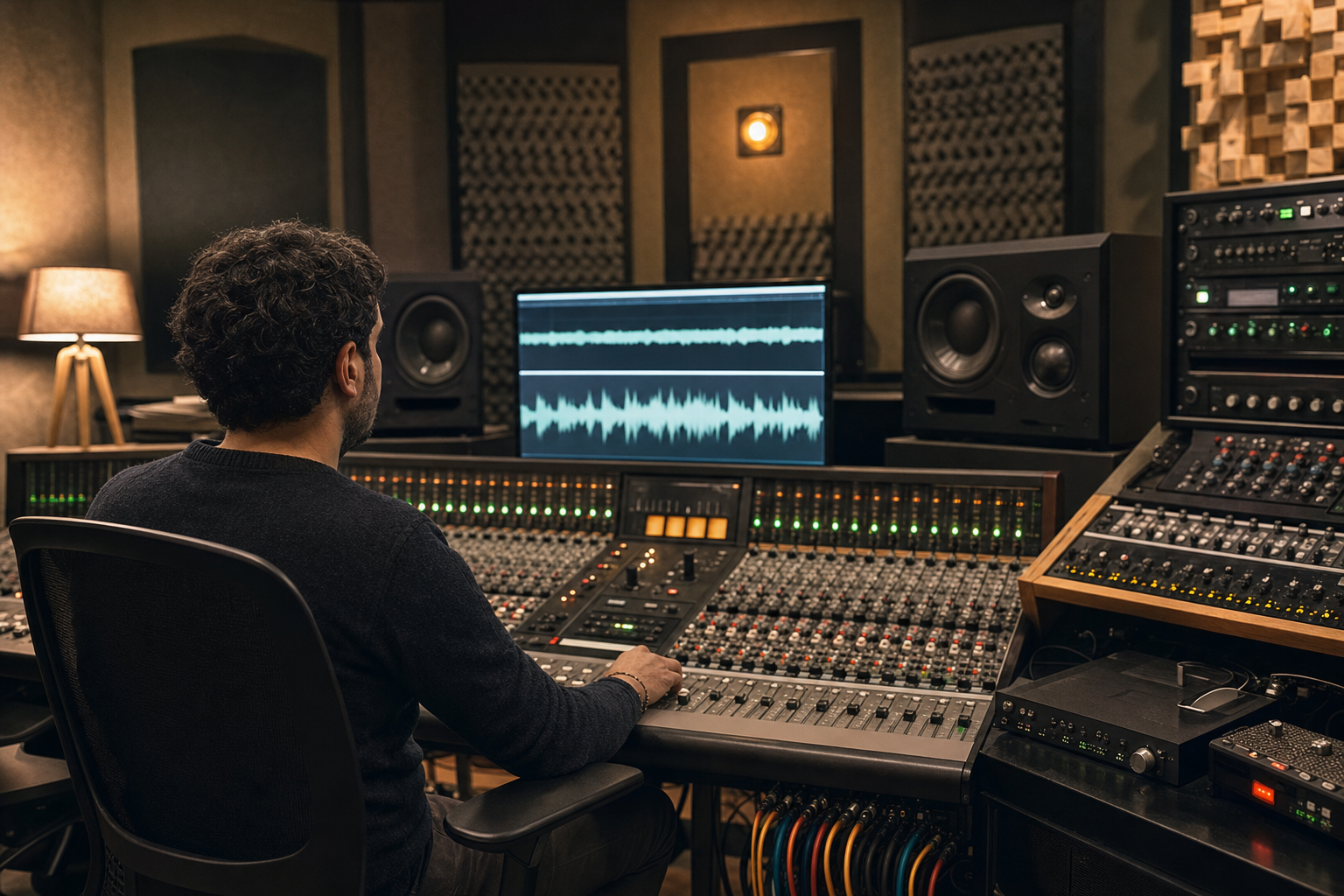 Alessandro Coppola al mixer durante una sessione di mixaggio in uno studio di registrazione a Prato, luci soffuse e monitor da studio