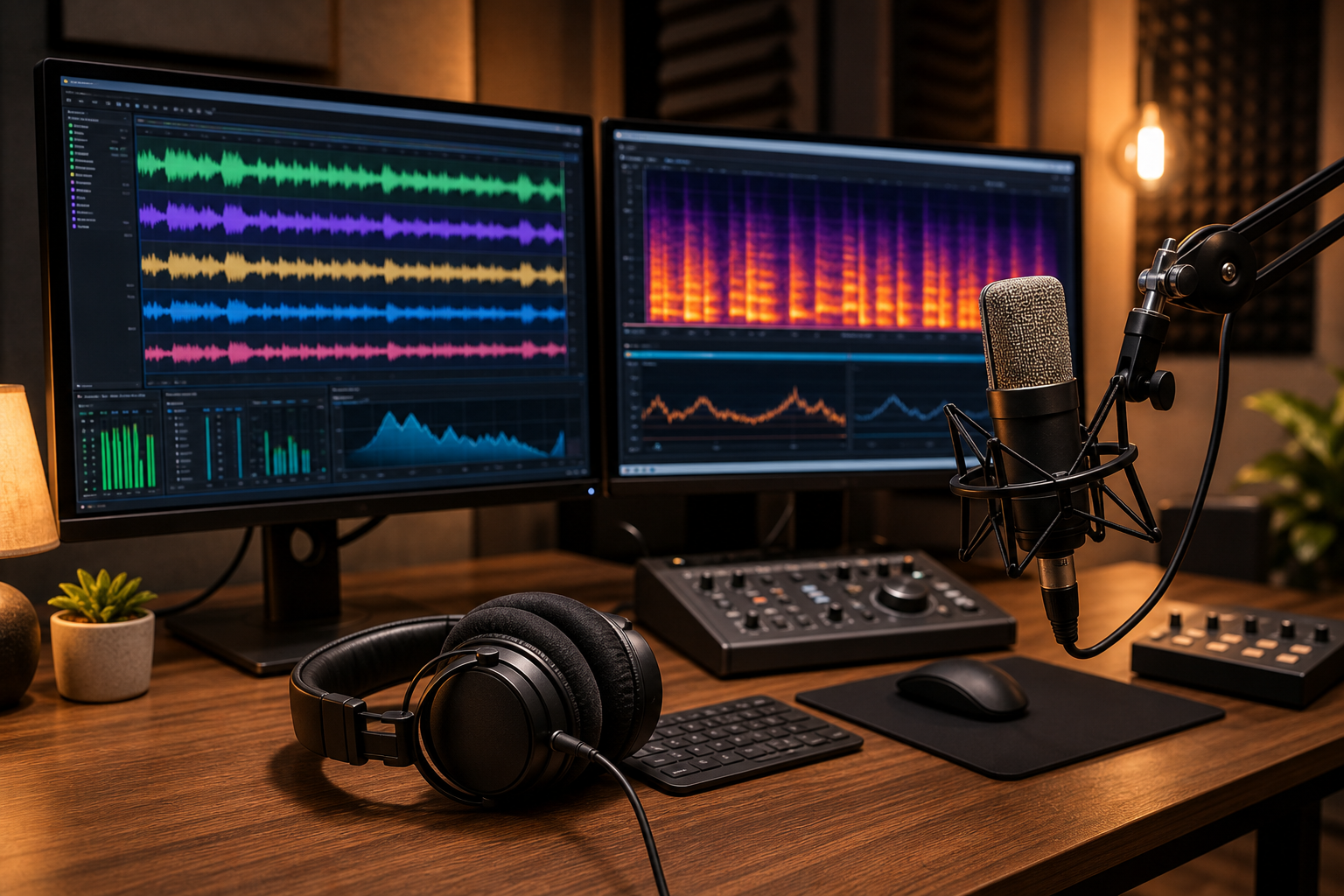Editing di un podcast su workstation audio con cuffie e forma d'onda a schermo