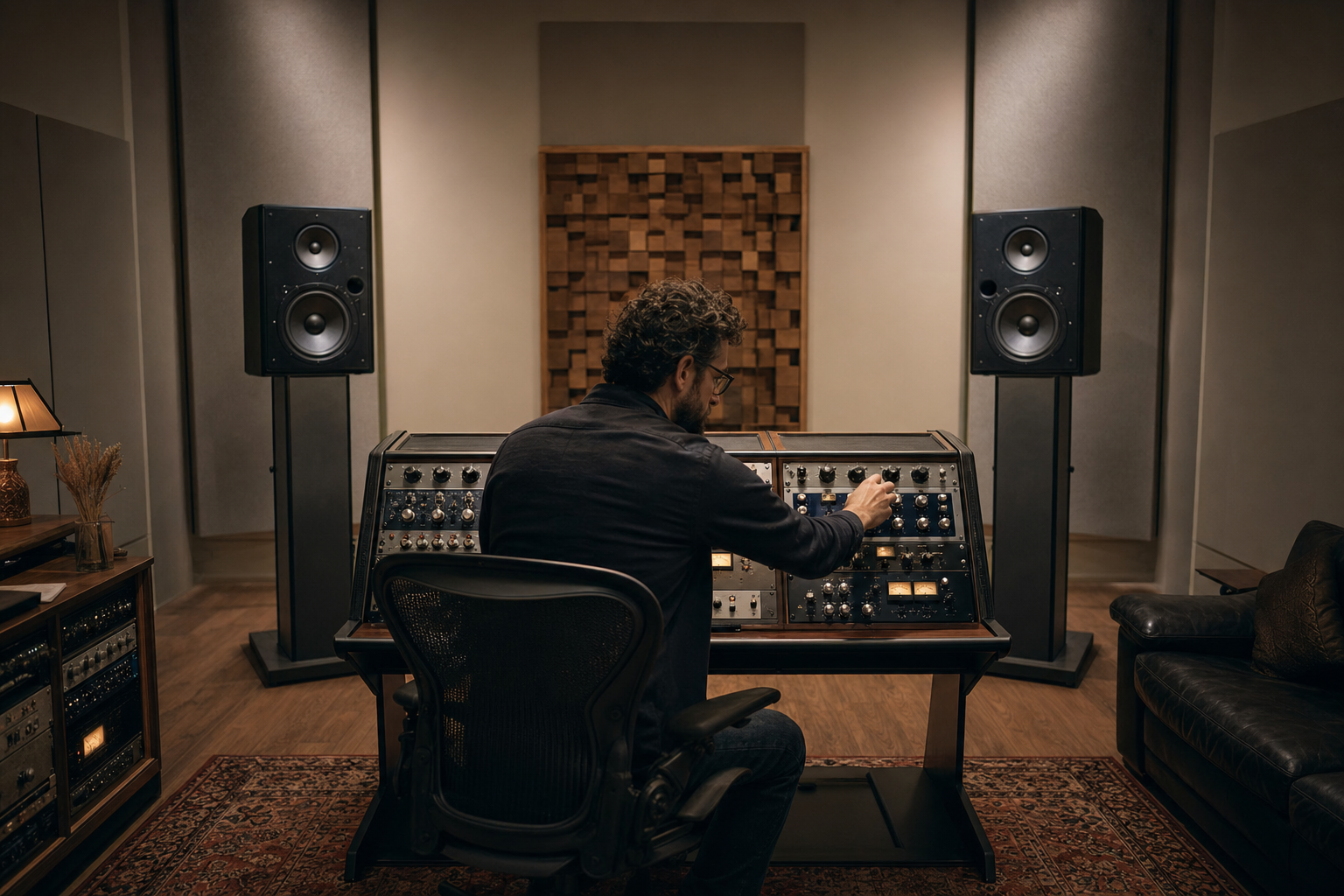 Sala di mastering audio con diffusori da riferimento e outboard analogico