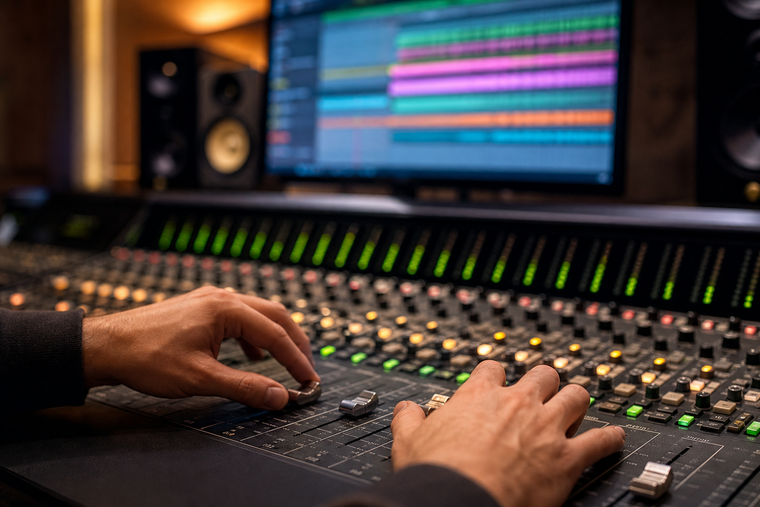 Sessione di mixaggio multitraccia su console audio con fader e schermo DAW
