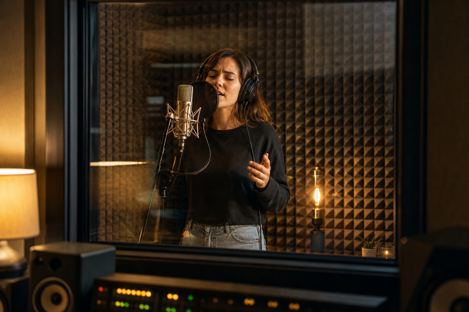 Voce registrata in cabina insonorizzata con microfono a condensatore e pop filter